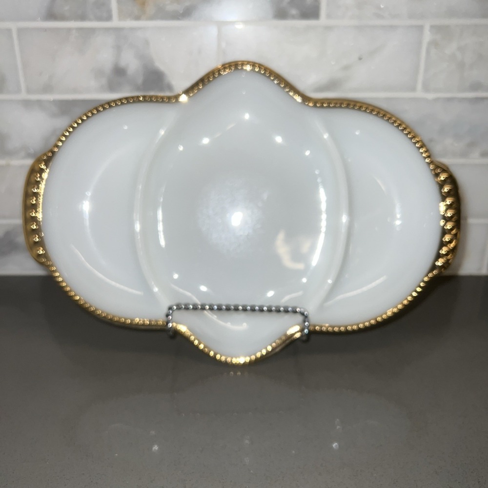 Vintage Fire King White Glass Divided Relish Candy Dish Gold Beaded Edge USA